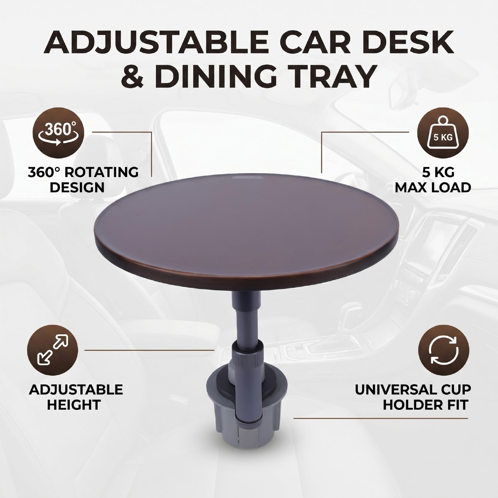KIMISS Vassoio per Alimenti per Auto Scrivania per Auto in Legno con Rotazione di 360 Gradi Altezza Regolabile Supporto per Tazza in Lega di Alluminio Carico di 5 kg per Pasti per Laptop
