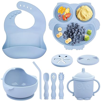 SNOWIE SOFT Baby Feeding Set of 10Pcs Food Grade Toddlers Silicone Food Plate Sipping Cup Bowl Set with Silicone Bib, Baby Cutleries, Self-Feeding Tableware Set for Toddlers, Sterilizable, Blue