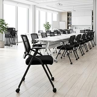 BLANEDUO 6 Pack Stackable Folding Conference Chairs - Mesh Back, Lumbar Support, Sliding Arms for Office Meeting Reception Guests Black