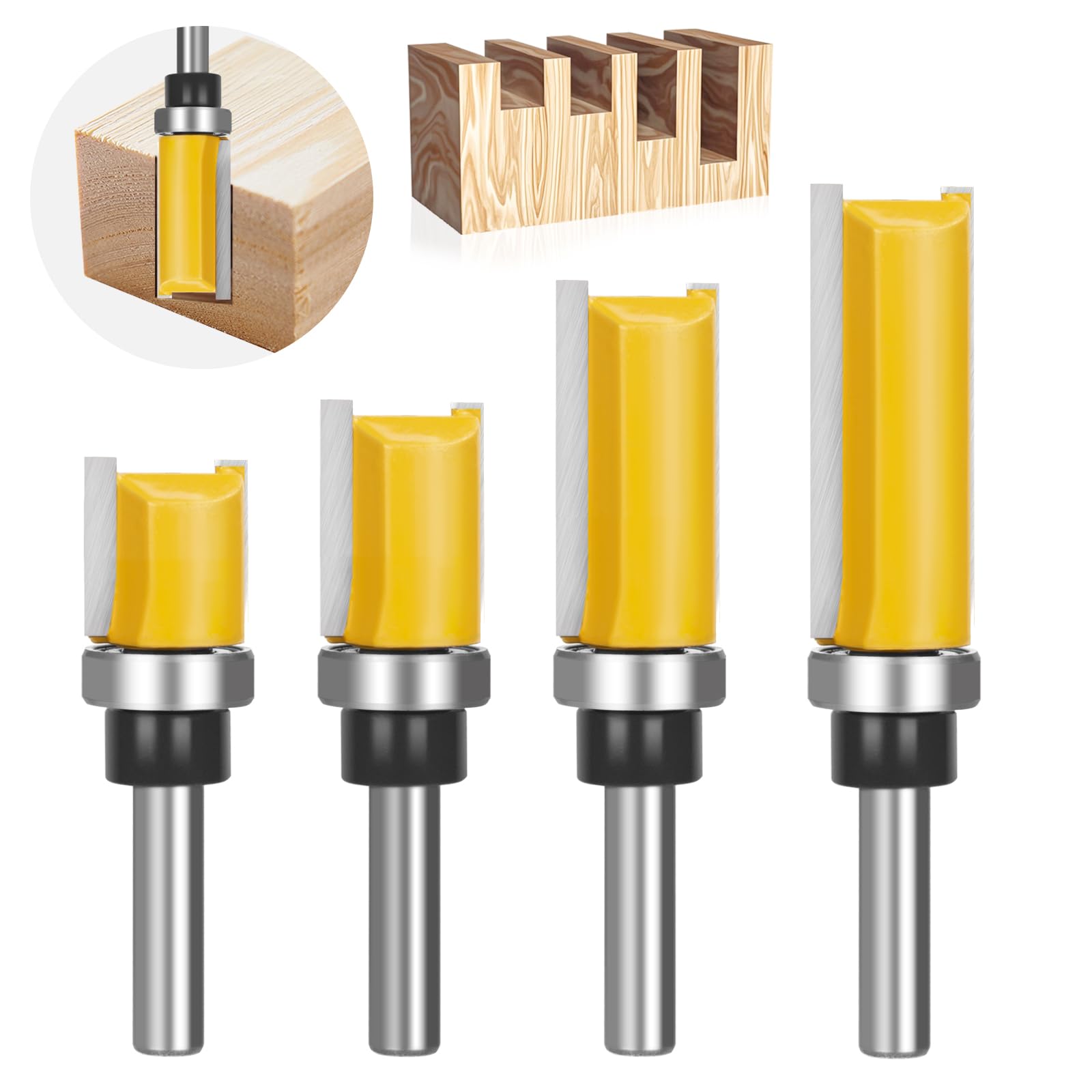 Lot de 4 fraises à copier pour défonceuse, tige de 8 mm, avec roulements à billes, lame en carbure de tungstène, maniable, pour le travail du bois, le bricolage à la maison