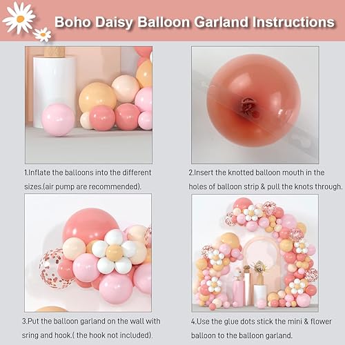 Miniatura 4 de Guirnalda de globos de margaritas bohemias, retro, rosa polvoriento, rubor, nude, rosa claro, pastel, naranja, blanco, globos de confeti de oro