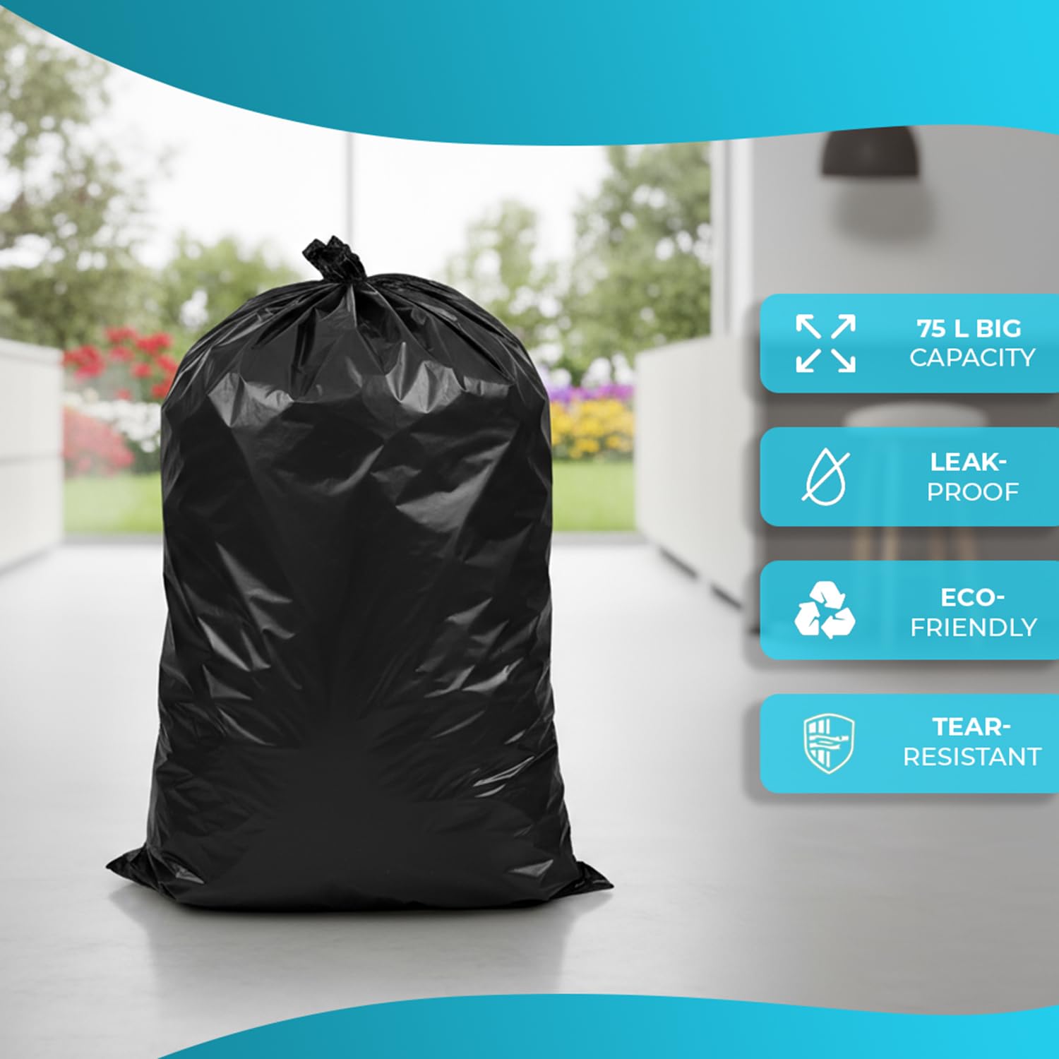 Roe Tenpo Paquete de 400 bolsas de basura negras de 75 litros, bolsas de basura de 30 micras, extrafuertes, ecológicas, resistentes a fugas, perfectas para el hogar, oficina, bricolaje y jardín