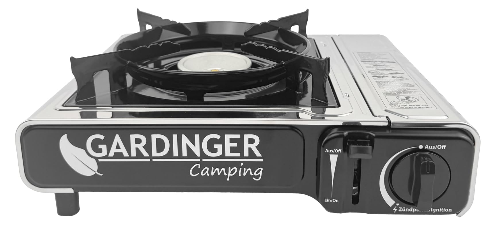 GARDINGER einflammiger Butangaskartuschenkocher Safety Camp Allgas mit Piezozündung Flammenüberwachung und Adapter-Schlauch