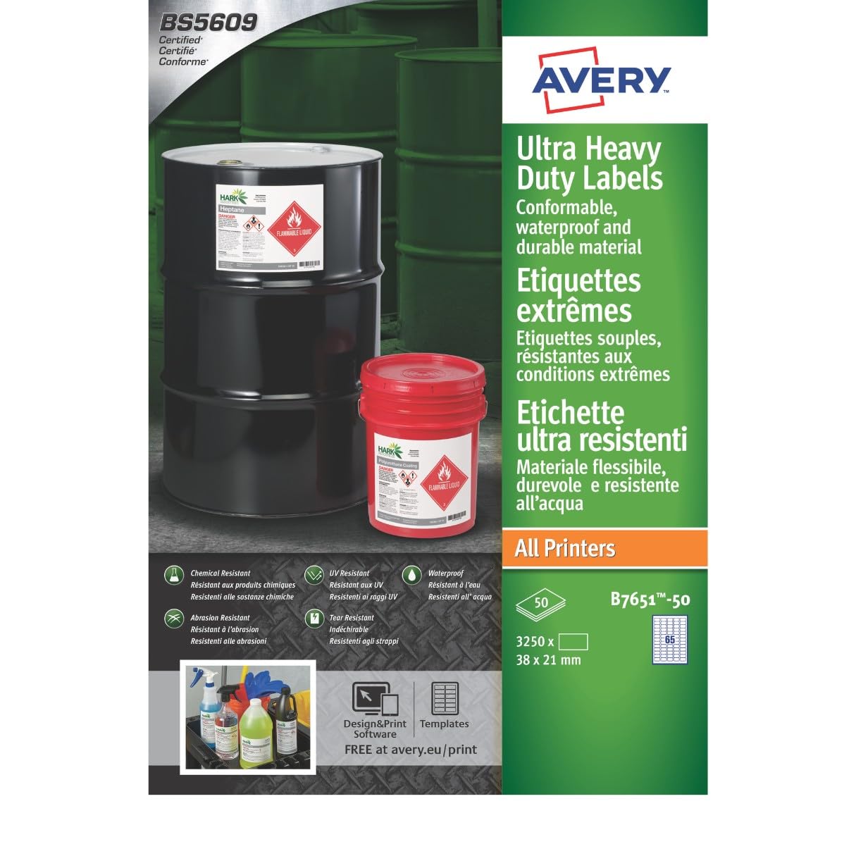 Avery B7651-50 Ultra Resistant Labels 50 sheets - 65 Labels per Sheet