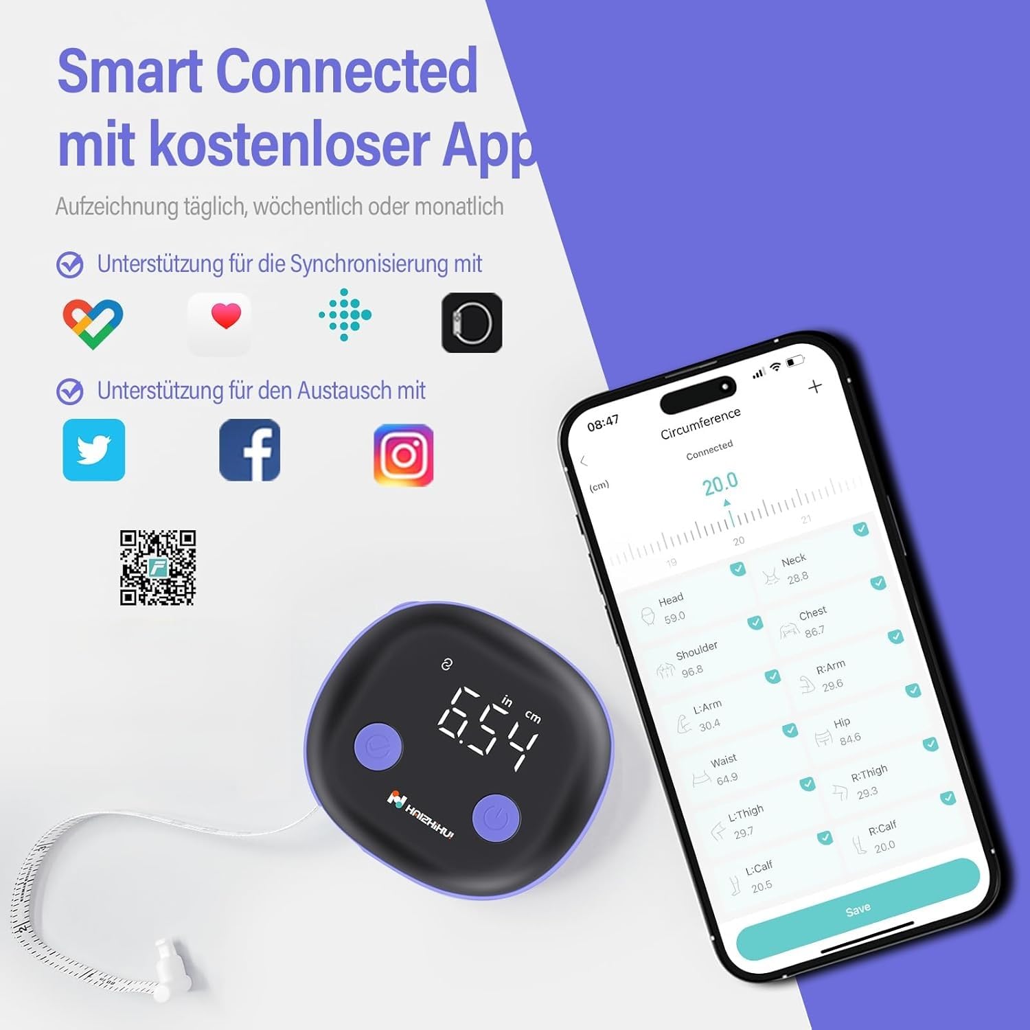 Fitdays Mètre Ruban Intelligent | Analyse du BMI/Graisse Corporelle via Bluetooth & Écran LED | Rétractable Automatique pour Fitness/Perte de Poids | App Fitdays & Design Ergonomique (ER307-Pourpre)