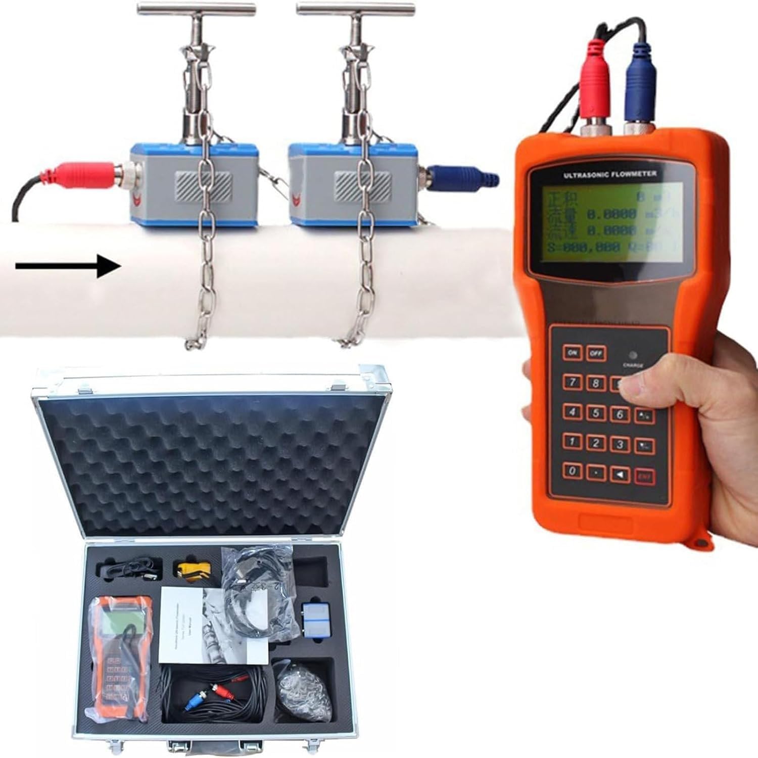 Débitmètre à ultrasons portable pour mesurer le débit d'eau sans couper les tuyaux