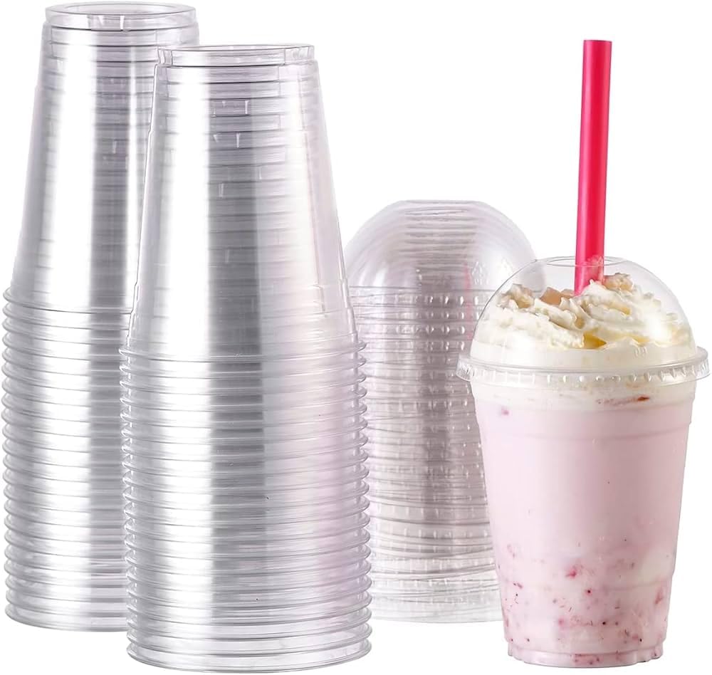 Smoothie Cups with Dome Lids (12oz, 1000, Count)- Plastic Smoothie Cups, Reusable/Disposable, Recyclable Clear Cups for Takeaway, Milkshake, Slushie, Iced Drinks