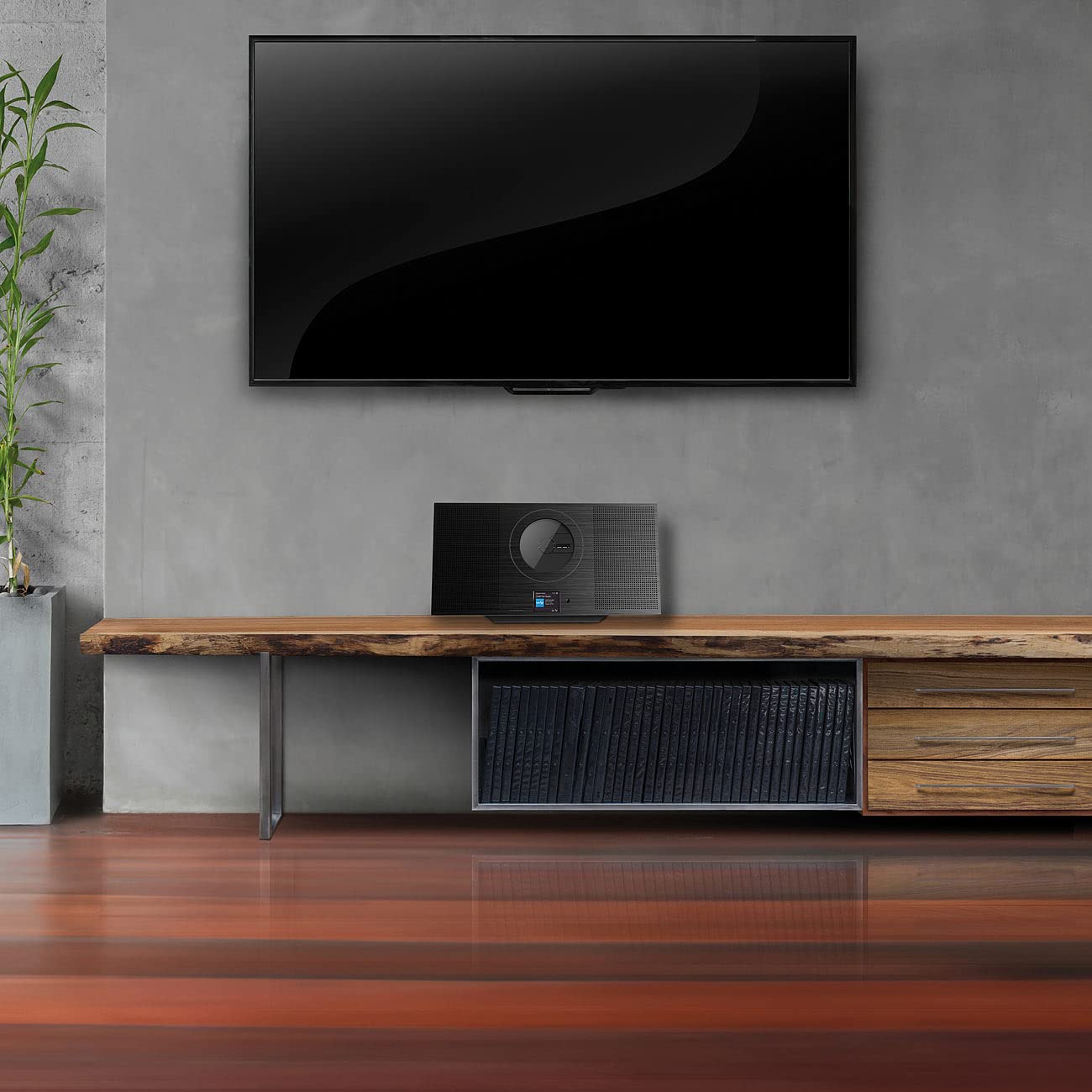 VR-Radio Wandradio flach: Stereoanlage, Alu, Internet-Radio/CD/DAB+/Bluetooth, 60W, DSP, schwarz (Radio flach Wandmontage, vertikale Stereoanlage, Box)