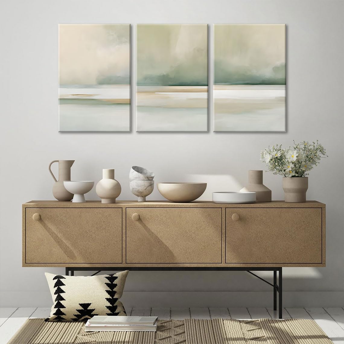 3Pcs Sage Green Canvas Wall Art Modern Neutral Abstract Wall Decor Pictures Minimalist Green Tan Posters Prints for Living Room Bedroom Home Decoration, 16x24in