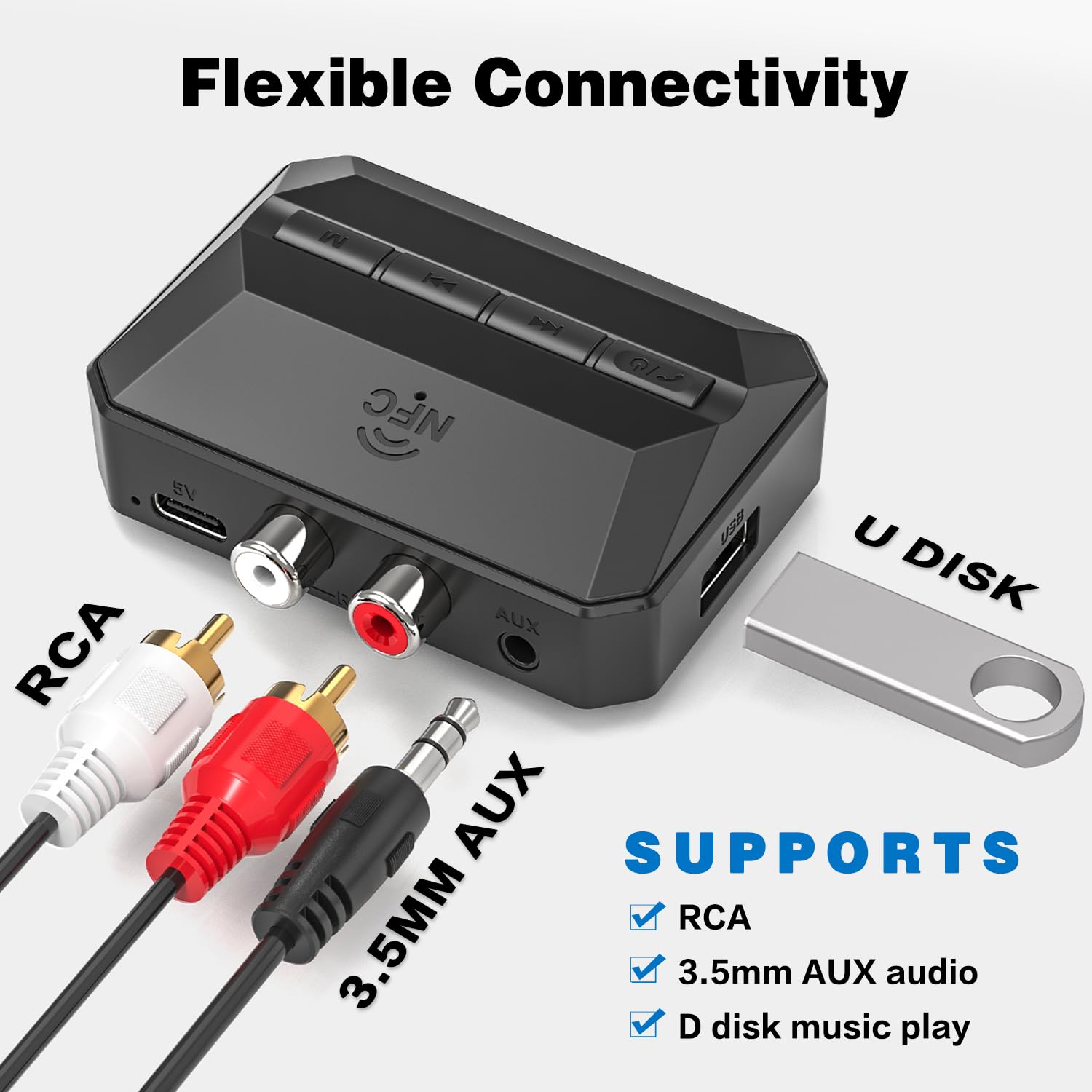 Receptor Bluetooth, adaptador de audio inalámbrico con Bluetooth 5.3 | Salida de tarjeta TF/RCA habilitada para NFC/3.5 mm AUX USB/TF, control de volumen/pista para altavoces estéreo domésticos