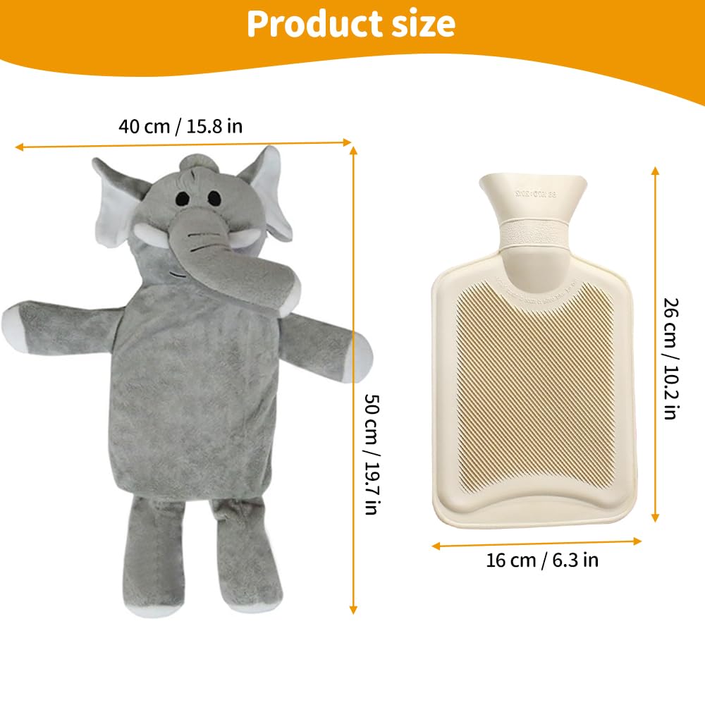 Bolsa Agua Caliente Peluche de 1 Litro, Bolsa Agua Caliente Niños, Elefante de Peluche, Desmontable y Lavable, Segura Prueba de Explosiones, Regalos adecuados para niños, familiares y amigos
