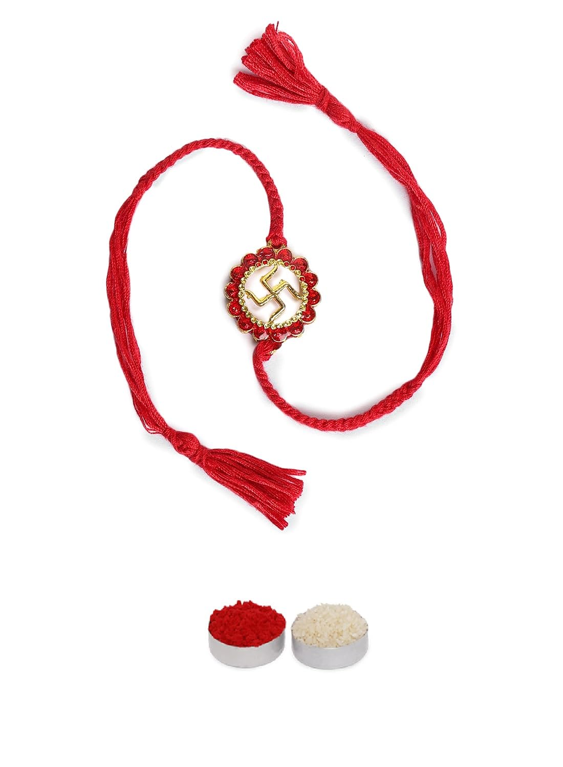 1PC Red Moli Rakhi-Pearls, Beads Swastik Rakhi for Brother- Fancy Rakhi with Message Card & Roli Chawal Shagun in Rakhi Box for Bhaiya/Babhi/Bhatija/Bhatiji-image-15
