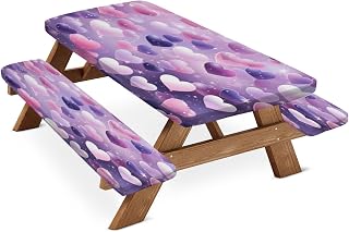 Picnic Table Cover with Bench Covers Valentine's Day Camping Tablecloth Windproof Waterproof Picnic Table Covers with Elastic for Indoor Outdoor Patio Pink Purple Heart