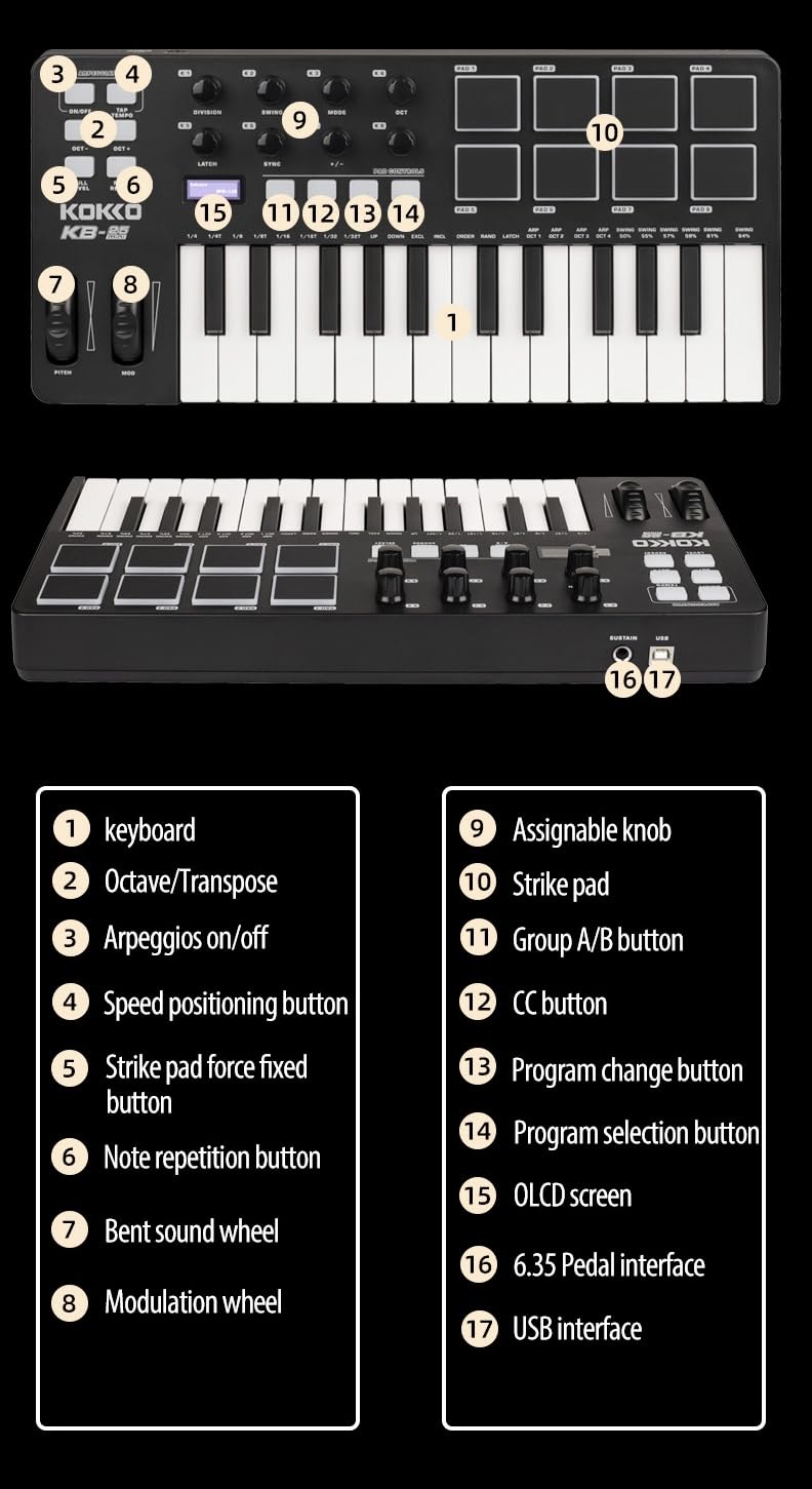 AZOR KOKKO MIDI Keyboard, Mini KB-25 25 Key MIDI Controller mit 8 hintergrundbeleuchteten Drum-Pads, 8 Reglern und Pitch Bend Wheel, Modulationsrad für Musikproduktion, Cubase LE Software enthalten