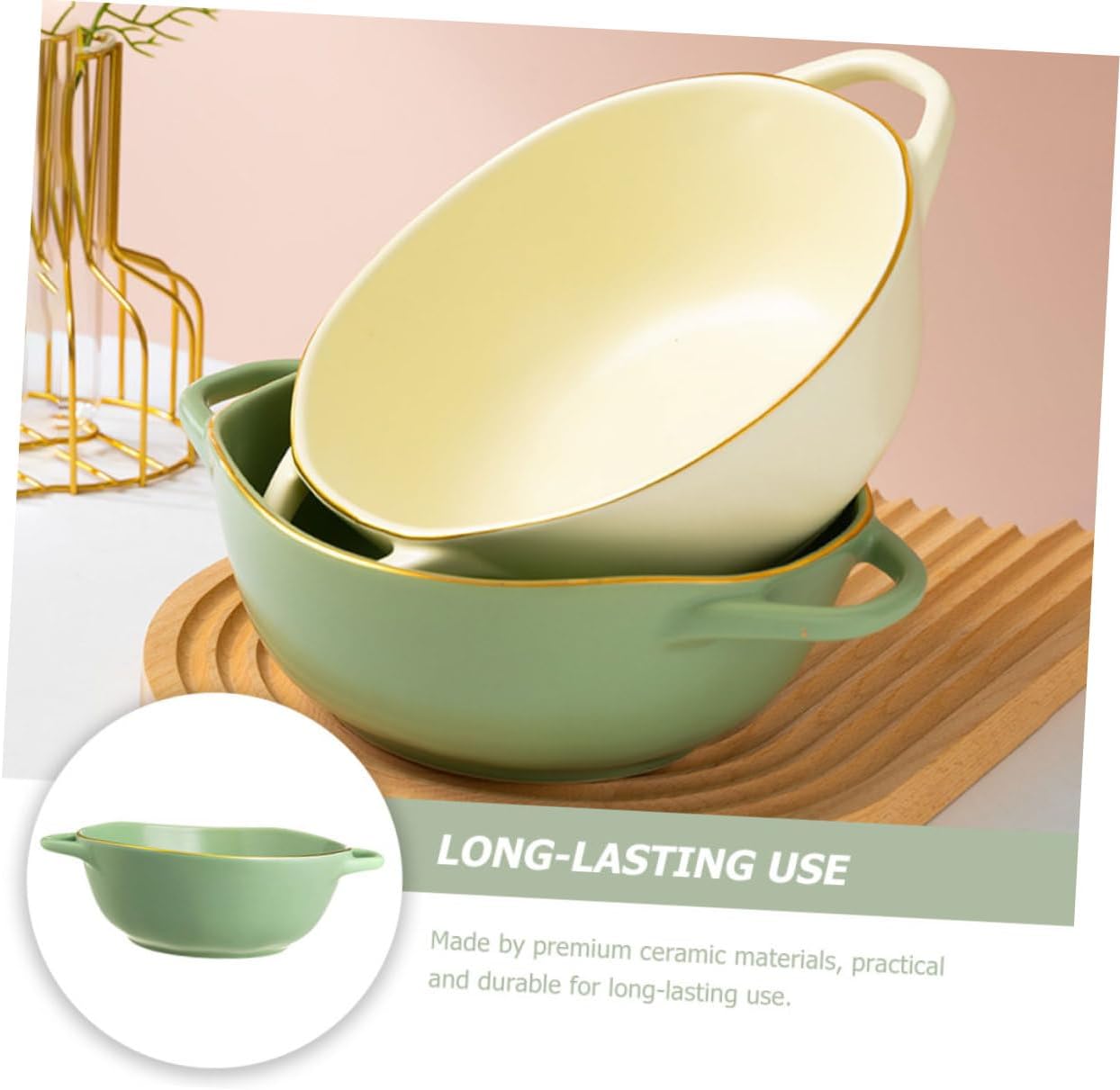 Housoutil Ceramic Soup Bowl with Handles Double Ear Baking Dish Matcha Green Oven-safe Salad Serving Bowl for Household Dining