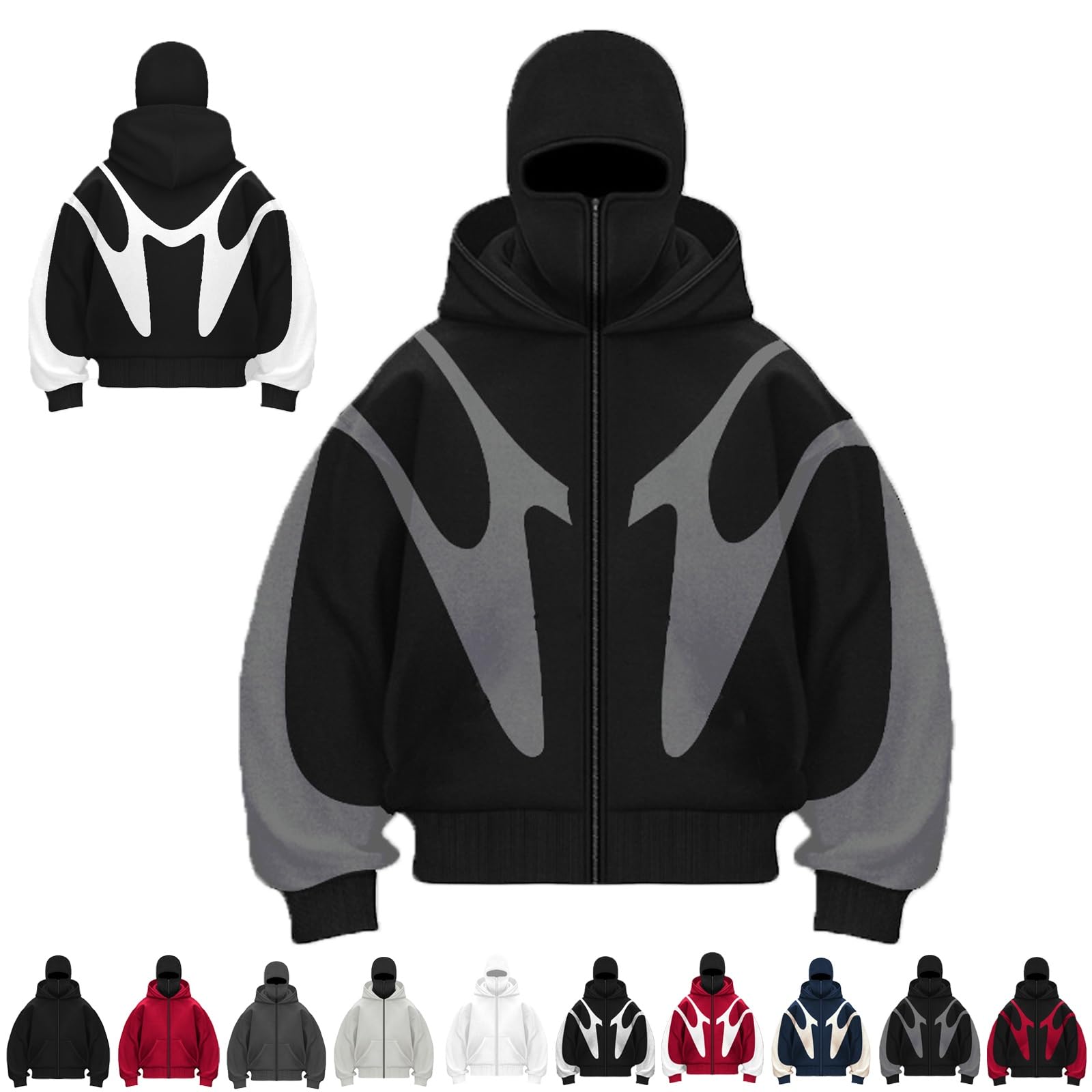 Mghn Men's Black Gray Balaclava Hoodie Zipper, Winter Wind-Resistant Hoodies Balaclava Double Hooded Fleece Zip Jacket With Mask(,L)