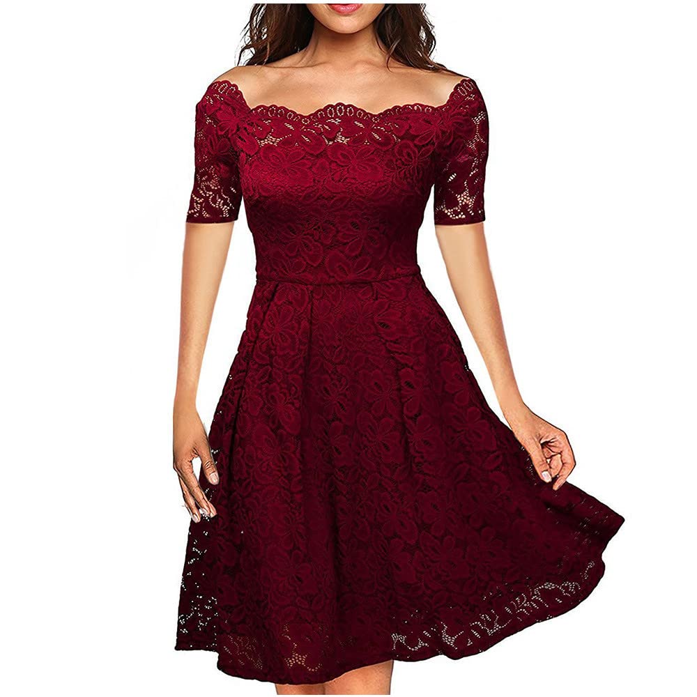 NUSGEAR 2023 Vestidos Largo Mujer Moda Color sólido Fiesta Encaje Vestido de Noche un Hombro Cuello Redondo Manga Corta Elegante Vestidos de Cóctel Corto Casual Vestido Verano Novia Boda Vestir