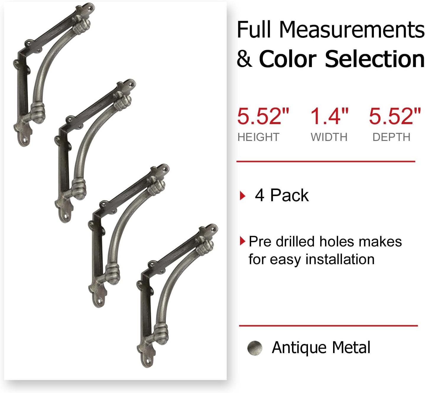 NACH Decorative Shelf Brackets, 4 Pack of 5.5 x 1.2 x 5.5 inch Antique Metal Cast Iron Shelf Brackets - Decorative Brackets for Mounting - Half Round Style Brackets