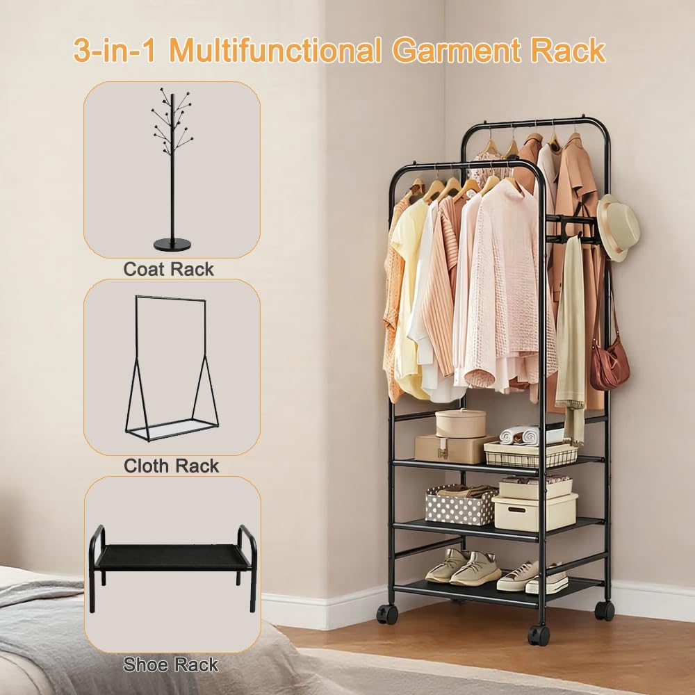 Clothes Racks for Hanging Clothes, Double Rods Rolling Clothing Rack with 3-Tier Storage Shelves, Portable Garment Rack with Wheels (Black, With 3 Small Shelves)