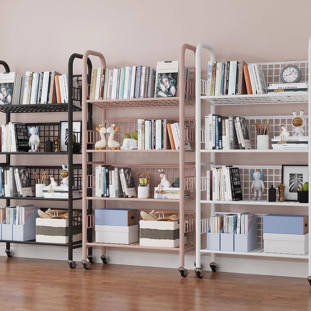 Fuyao Black 360° Steering Wheels Moveable Bookshelf - Multifunctional Rolling Utility Cart Rack For Household Storage
