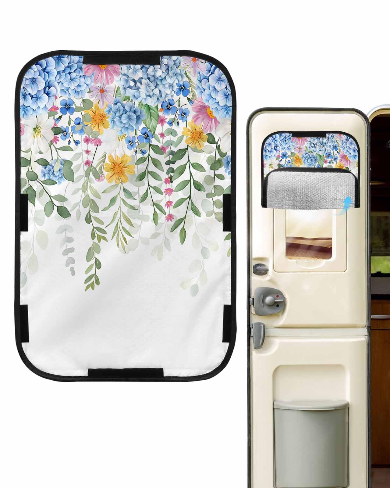 LEOKOTI RV Door Window Shade, Blue Spring Floral Blackout RV Window Shades Foldable, Green Summer Botanical Watercolor Flower Privacy Insulation Car Covers 16