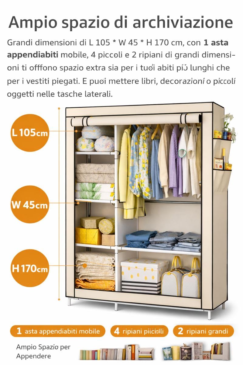 Armadio Guardaroba in Tessuto 105x45x170 cm – Struttura Rinforzata in Acciaio, Antipolvere e Impermeabile, Armadio Portatile con Ripiani e Asta Appendiabiti, Facile da Montare (Grigio)