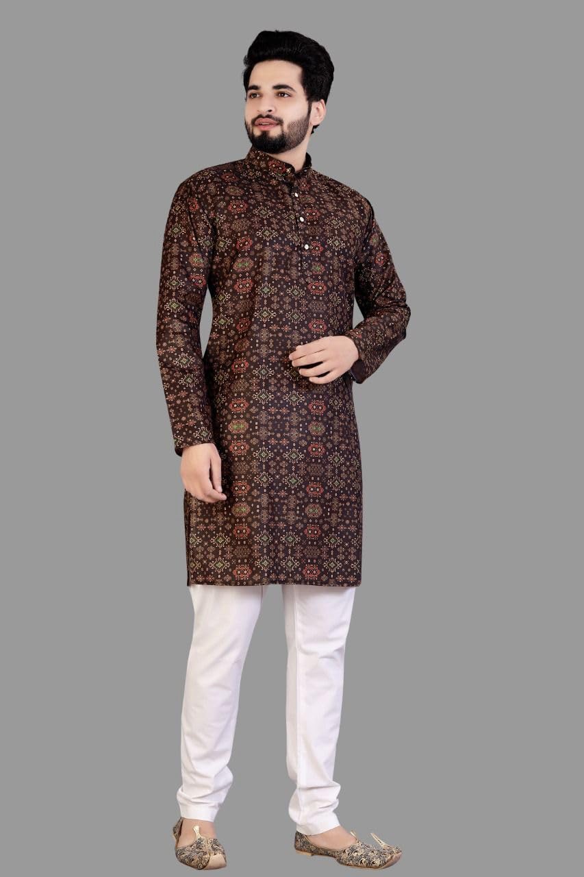 Men Kurta Pyjama Set with Pyjama Brown-image-11