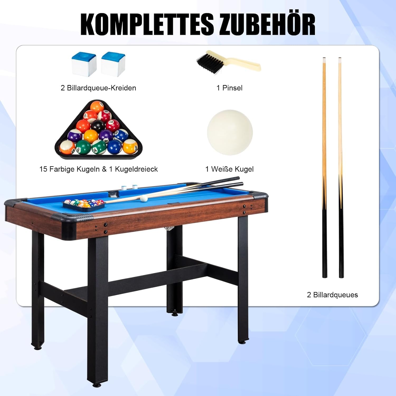 Bonnlo Billardtisch mit Zubehör (2 Queues, 1x Satz Billardkugeln, 1 Kreiden & Dreieck & Bürste), Tischbillard klappbar für Kinder & Erwachsene, 122x61x76 cm, Blau