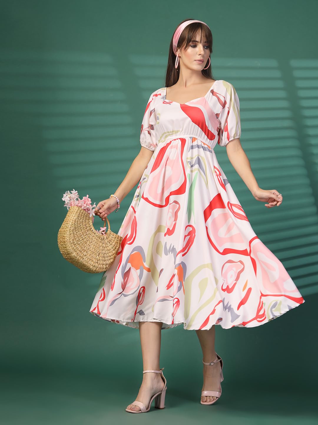 Oomph Flared Dress For Women Stylish | Long One Piece For Women | Puff Sleeve Long Dress | Floral Print Maxi One Piece | Western & Fusion Wear Off White