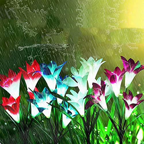 ZVO Luz Solar Exterior Jardín, 4 piezas Solares Flores de Lirio, LED para Hadas Lámparas, 16 Luces Solares de Lirio 7 Multi Color Cambiante Decoración para Patio Césped (blanco rosa morado azul) Cover
