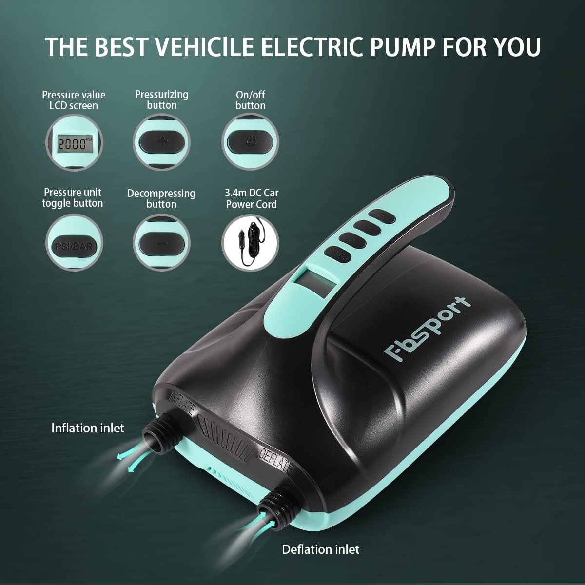 FBSPORT SUP Pump Elettrica 20PSI, 12V DC Pompa per Gonfiabili con Funzione di spegnimento Automatico e LCD, Gonfiaggio e Sgonfiaggio 2-in-1 per Paddle Board Kayak Materasso d'aria Tenda e Barca