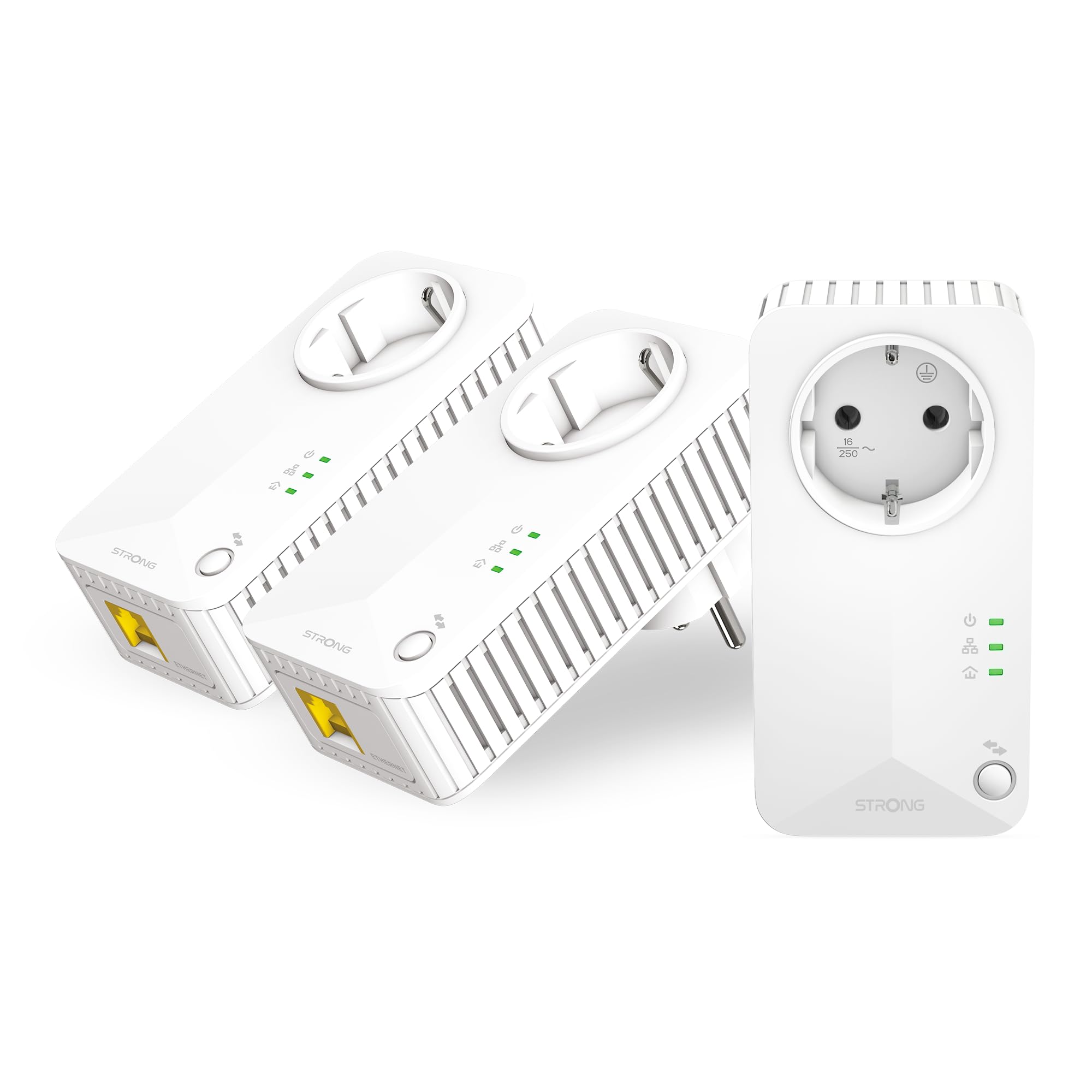 Strong - Powerline 600 Triple EU Set - 3 Powerline-Adapter 600 Mbps - Fast-Internetzugang - integrierte Steckdose - 300 m Reichweite - Für alle Router - LAN-Anschluss - Easy-Installation - weiß