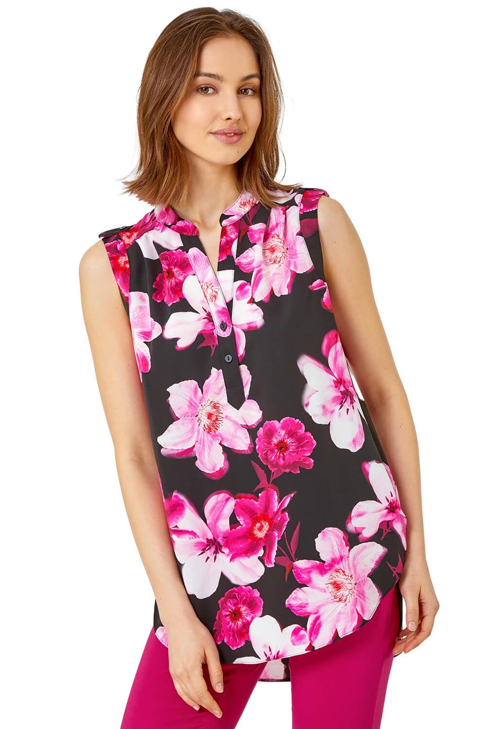 Roman Originals Women's Cerise Sleeveless Floral Print Tunic Top For Uk - Everyday Holiday Spring Summer Notch Neckline Comfy Soft Evening Vacation Work Party - Size 12