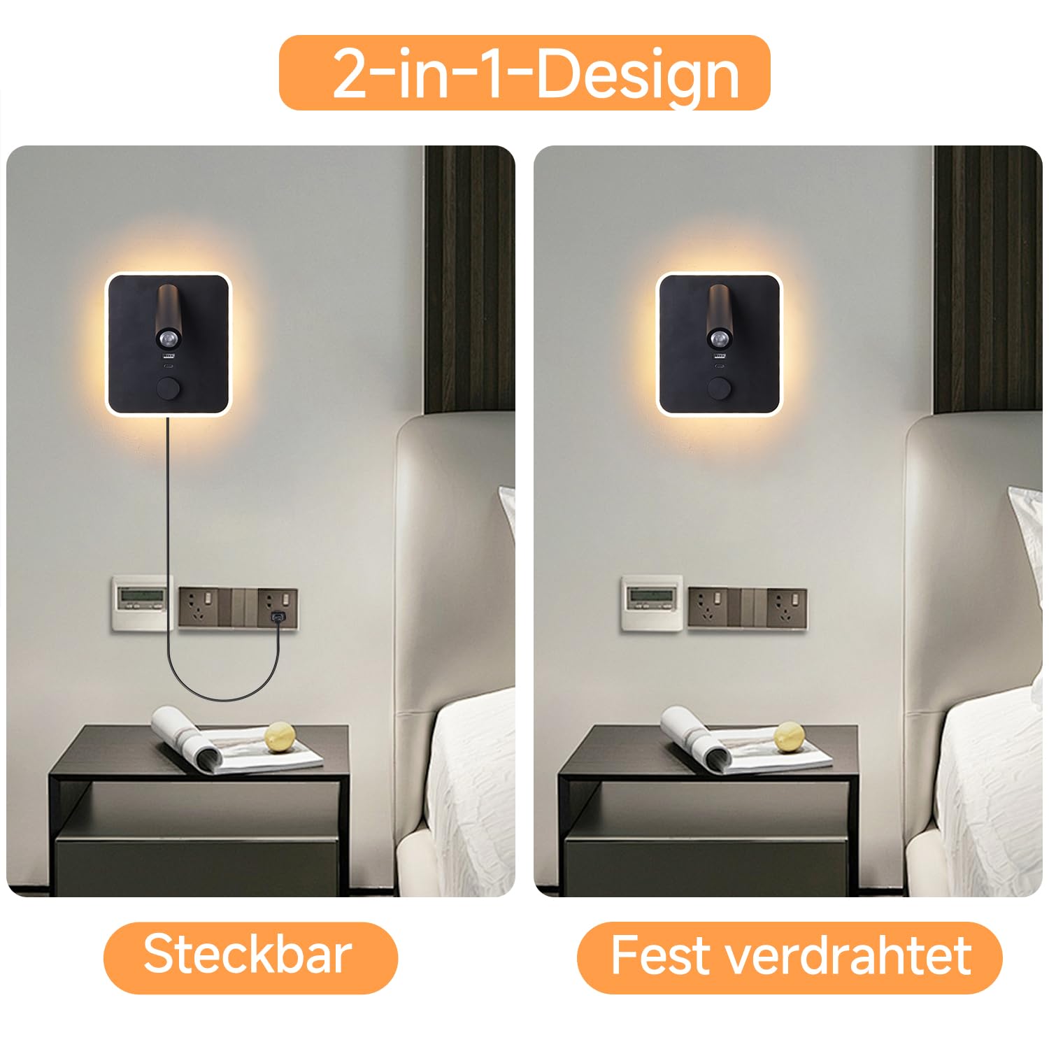 30W Schnellladung Plug-in Wandlampen mit zwei USB-A/C Ports, verstellbare Leselampe, 2-in-1 Installation für Schlafzimmer/Wohnzimmer, LED-Wandlampen (Schwarz)