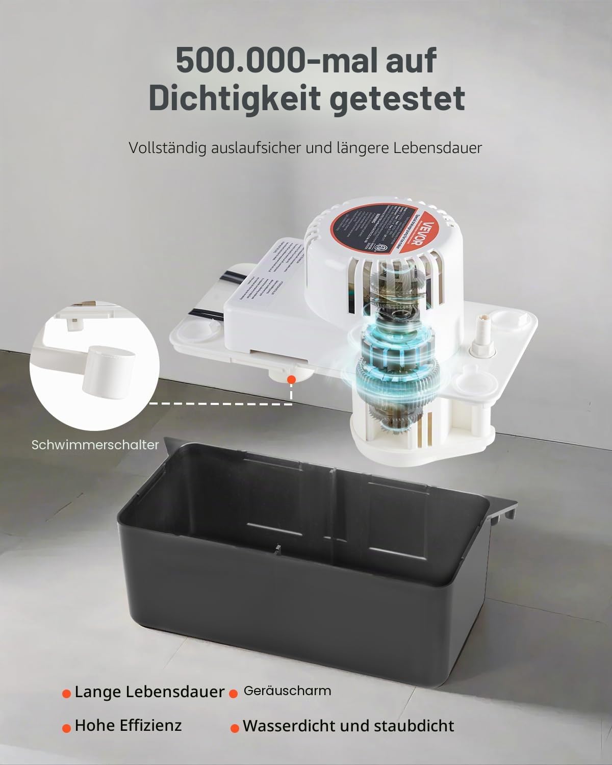 VEVOR Kondensatabsaugpumpe Kondensatpumpe 1/50 PS 1,89 L Tank, automatische AC-Kondensatpumpe mit Schwimmerschalter und 6 m Schlauch für Klimaanlage Luftentfeuchter, Eisbereiter-Wasserablauf Schwarz