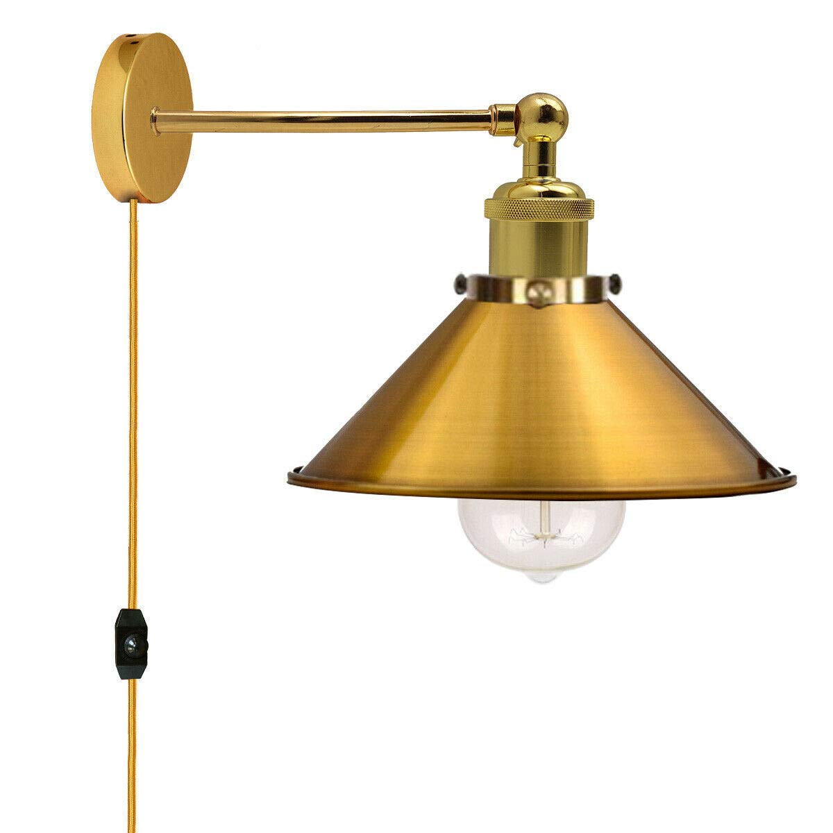 LEDSone Vintage Plug in Wall Light Sconce with 4.5m Practical Cord Plug Switch Brass Metal Swing Arm 22cm Cone Light Shade 180° Wall Mount Reading Lamp Bedroom Bedside with Switch (Yellow Brass)