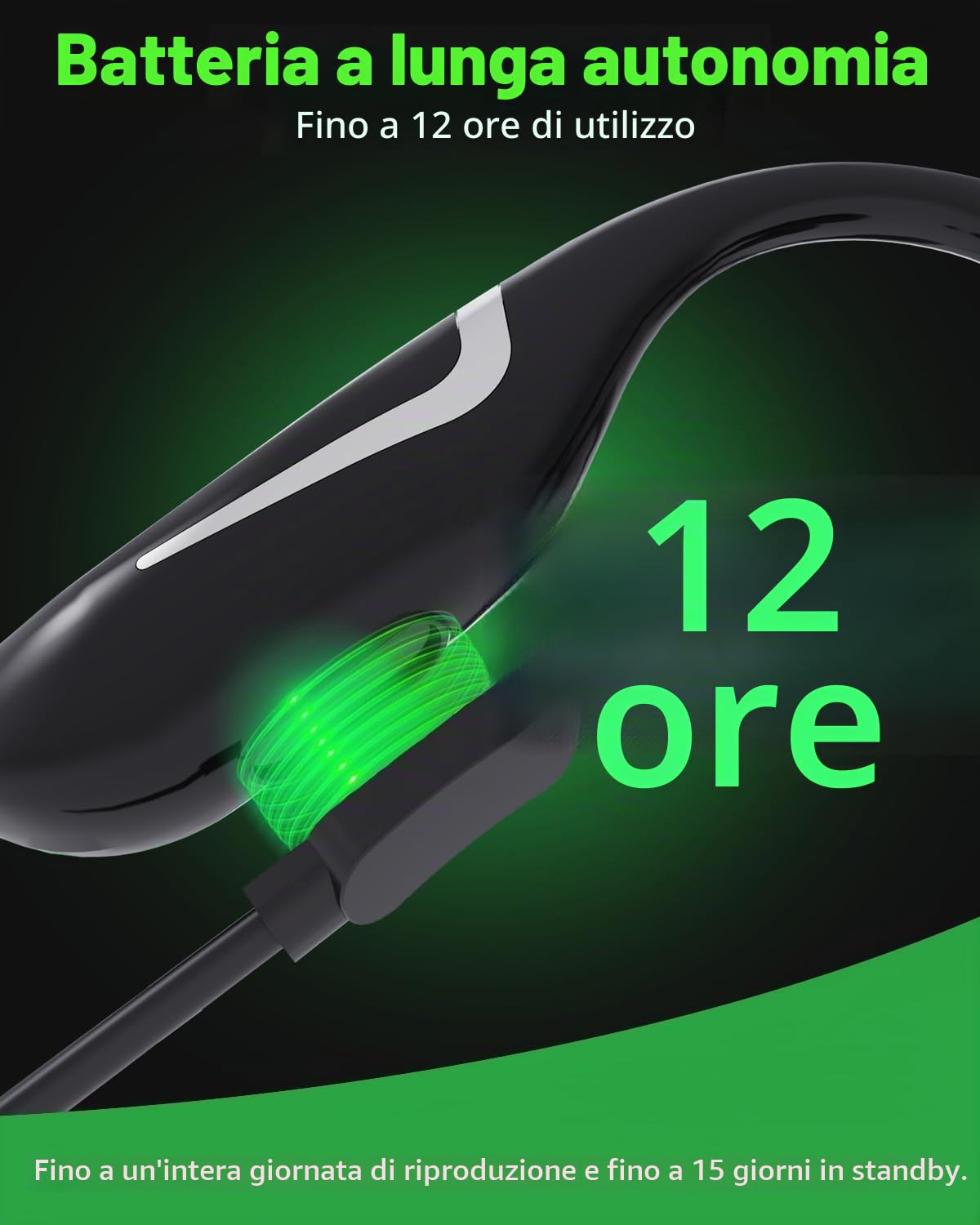 MONODEAL Cuffie conduzione ossea, Open Ear Auricolari Bluetooth 5.3 verdi con luce intelligente, 20 ore di autonomia, IPX7 resistenti al sudore, ideali per corsa e ciclismo