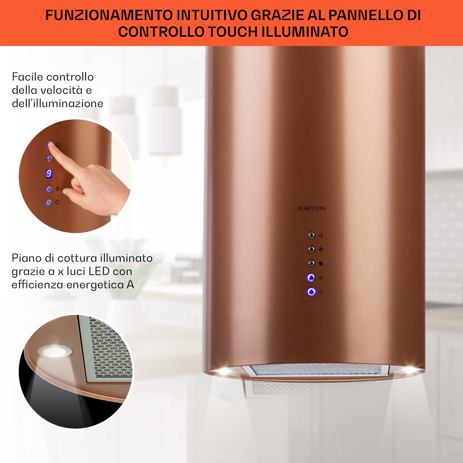 Klarstein Cappa Isola, Cappa Cucina con Timer, Flusso d'Aria di 650m³/h, Cappa per Isola Cucina con 3 Modalità e Design Candelabro Rame