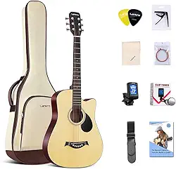 Lankro Kit iniciante de guitarra acústica de 96,5 cm para adultos Cutaway Conjunto de guitarras acústicas para iniciantes com bolsa acolchoada, alça, capo, cordas, palhetas