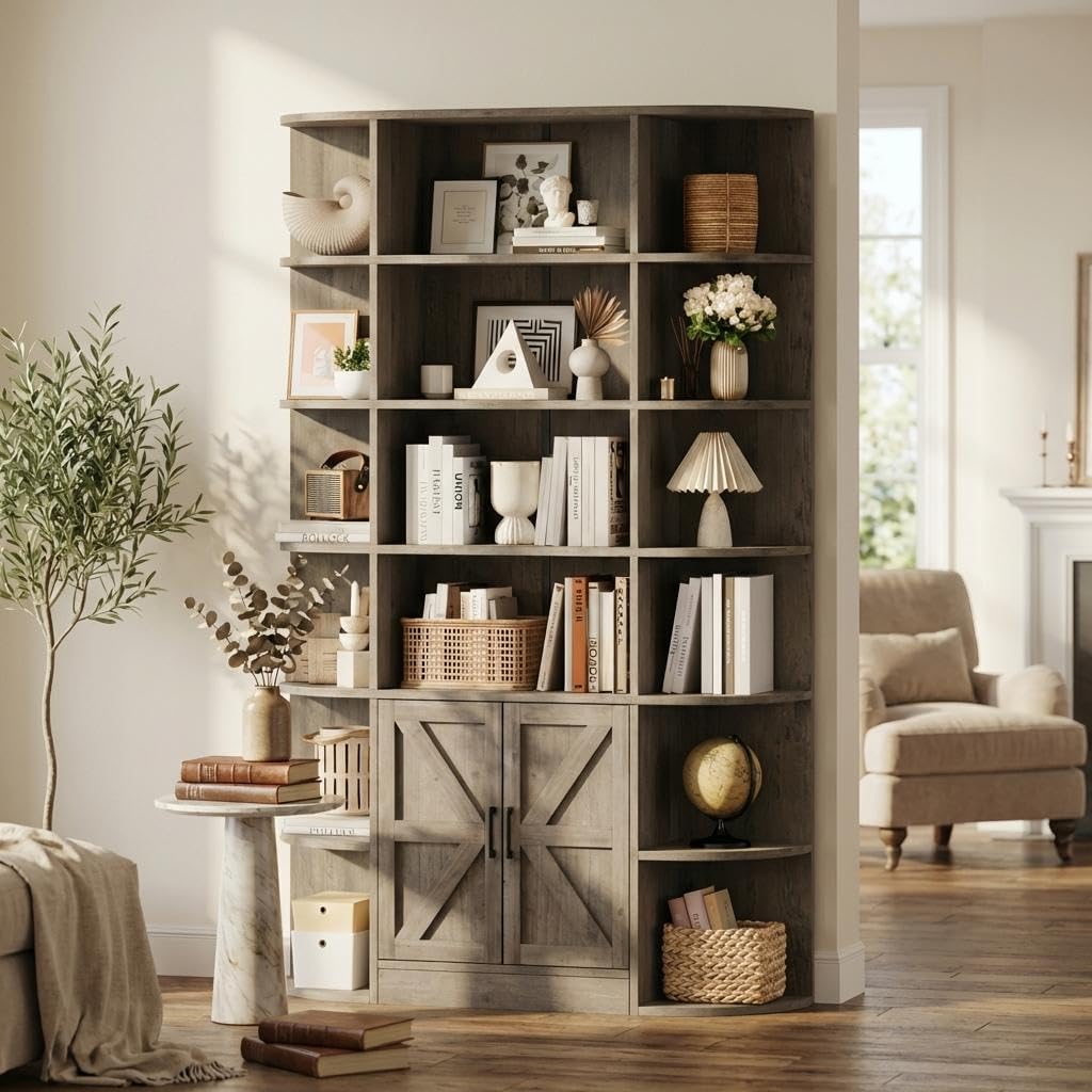 IDEALHOUSE Book Shelf, Farmhouse 6-Tier Bookshelf White, Rustic Wood Grain Shelf with Fan Side Design, Tall Bookcase with Barn Door Bookshelf with Doors Storage, Freestanding Cabinet Display, Gray