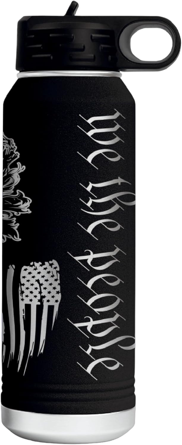 Skull Flag 32 Ounce American Flag Double Walled Stainless Steel Insulated 32oz Water Bottle – Full 360 Degree Engraving – Engraved in USA