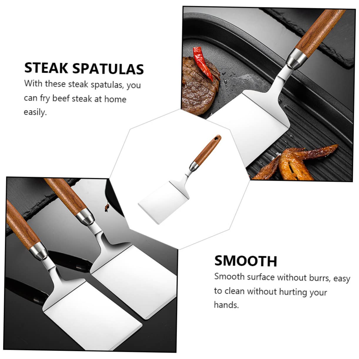 Kisangel Juego de 2 Espátulas de Cocina de Acero Inoxidable Mango de Madera Ergonómico sin Rebabas para Uso en Casa y Supermercado
