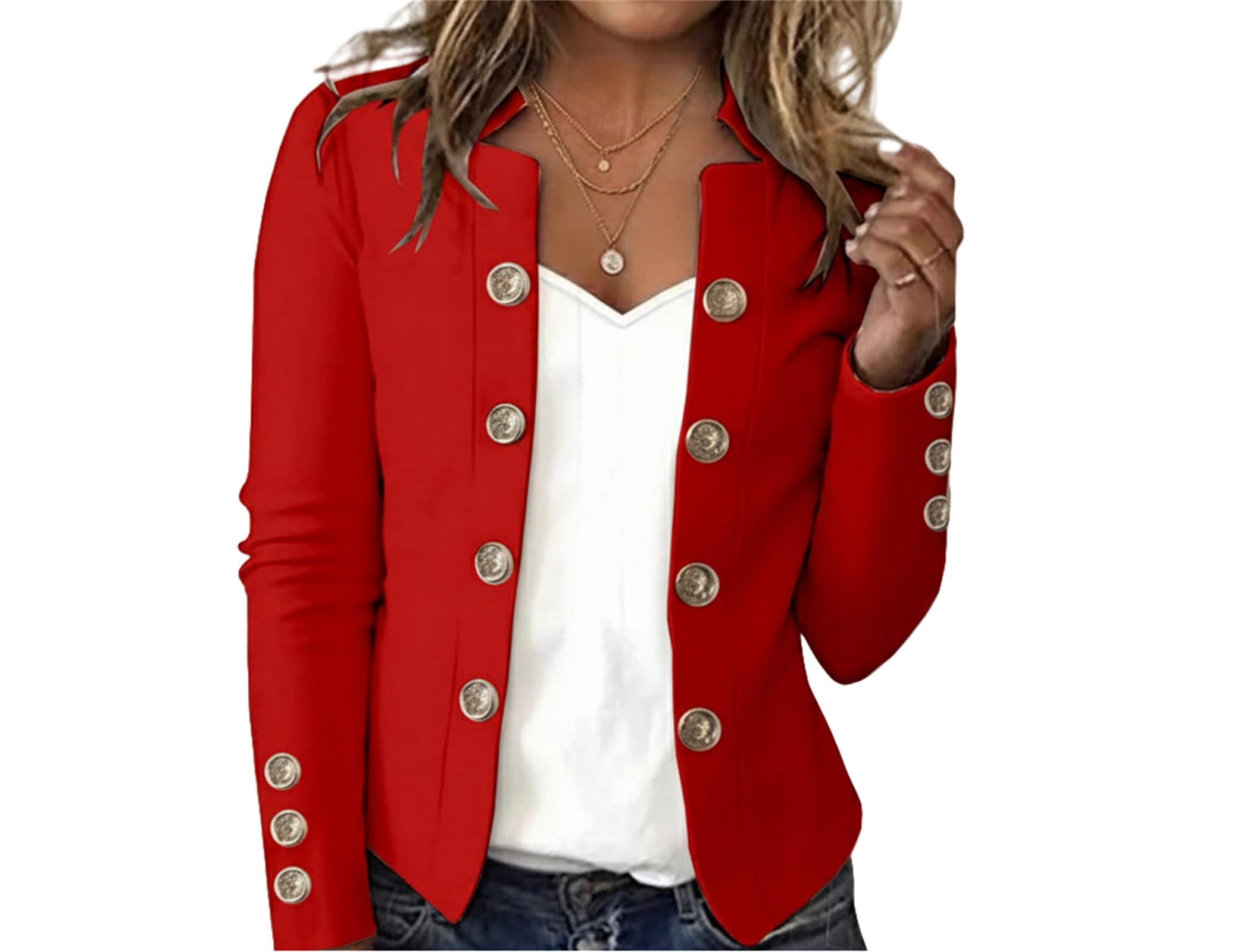 Womens Cropped Blazer Open Front Casual Fall Long Sleeve Button Detail Work Office Business Jacket