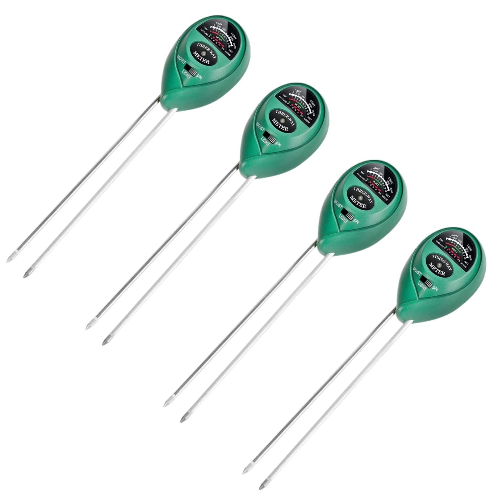 iPower 4 Pack 3-in-1 Test Kit, Soil Moisture/Light/pH Meter for House Plant Garden Lawn, Farm, Ideal for Indoor & Outdoor Use, Round, Green