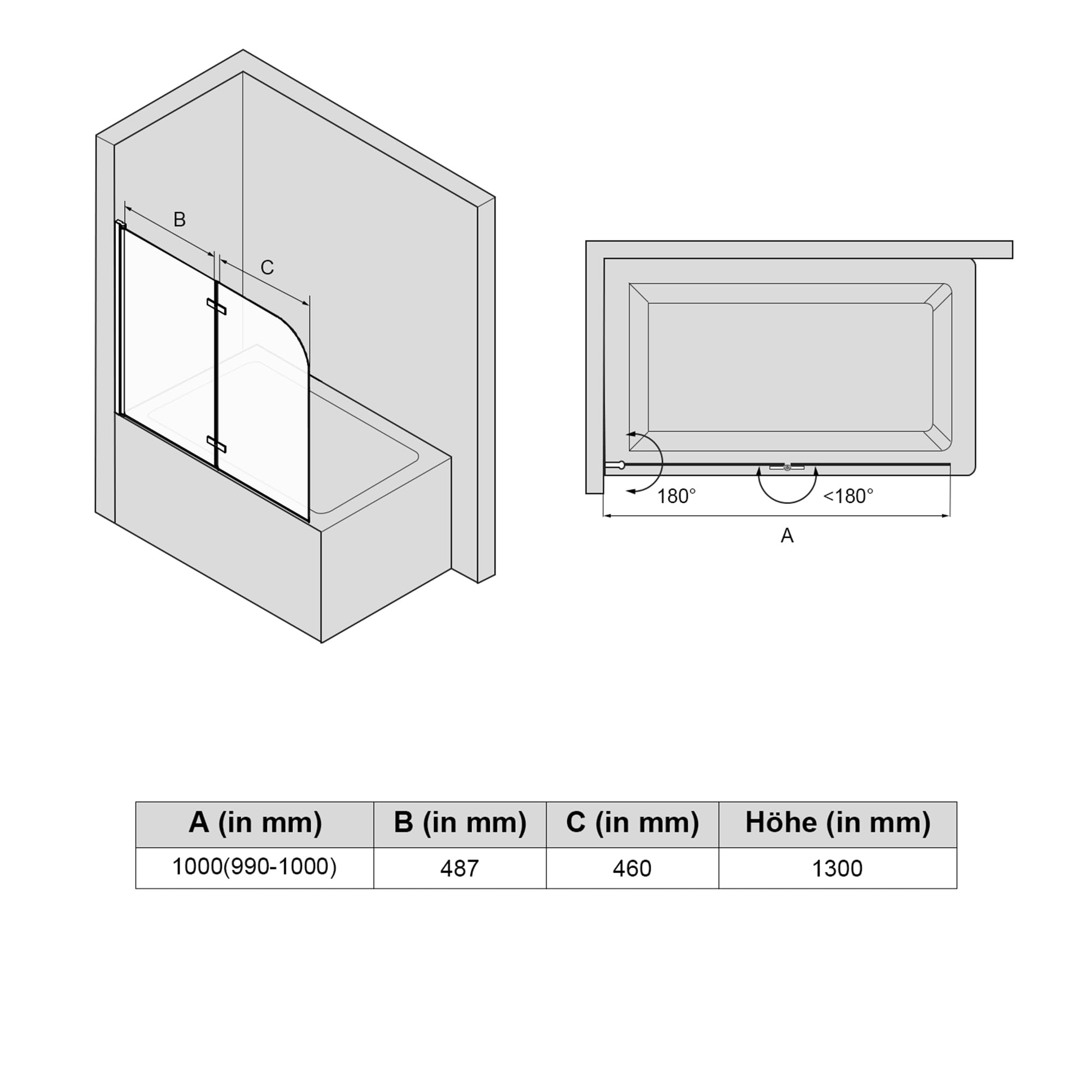 SONNI 2-częściowa ścianka prysznicowa do wanny 100 x 130 cm 6 mm szkło nano składana i praktyczna nakładka do wanny jako ścianka prysznicowa