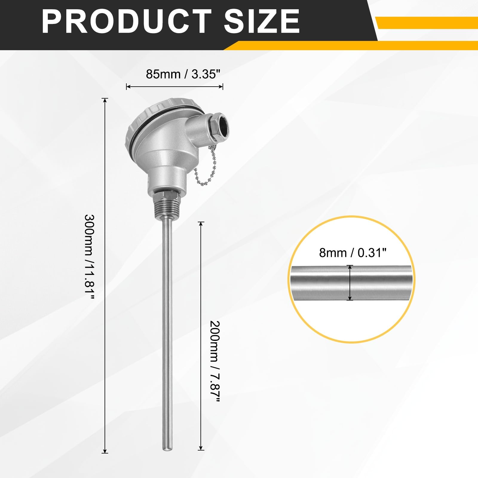 QUARKZMAN PT100 Sonda Termopar RTD De Acero Inoxidable 304 1/2" NPT 8x200mm