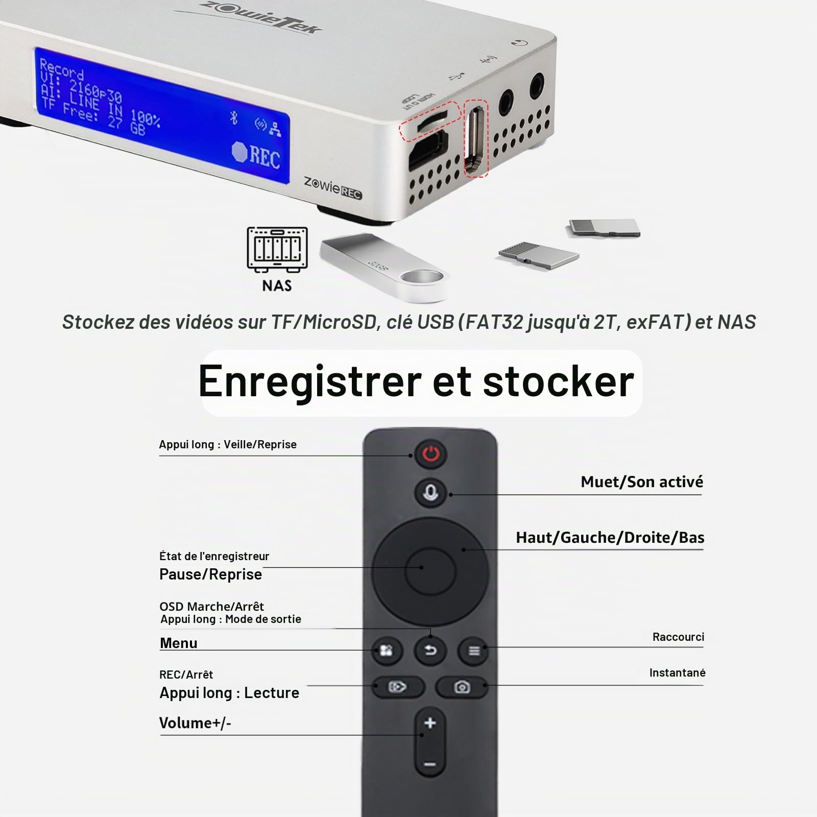 ZowieREC, enregistreur HDMI 4K, DVR, console de jeu, ordinateur portable, PC, lecture TV, enregistrement programmé, instantané, pause reprendre, cartes TF et USB