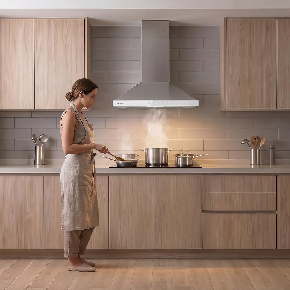 Cecotec Okap piramidalny 50 cm Bolero Flux PT 504400 Inox A++. Przednie szkło w kolorze białym, ssanie 449,5 m³/h, niewidoczna kontrola dotykowa, funkcja wzmacniacza, filtry zmywalne, klasa A++