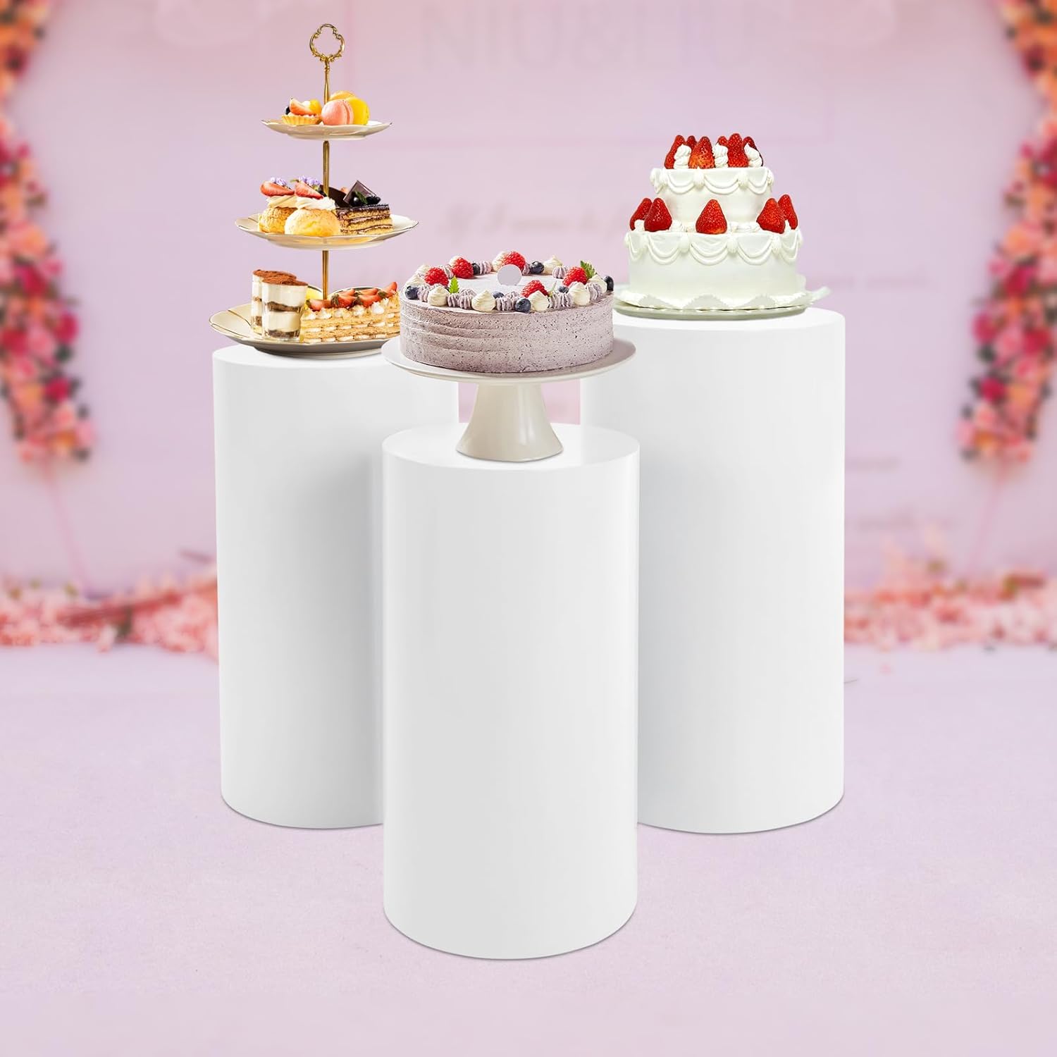 3 Pcs Cylinder Stands, Large White Cake Pedestal Tables(50cm, 55cm, 60cm), Round Reusable Dessert Display Plinth Pillars for Party Weddings or Banquets
