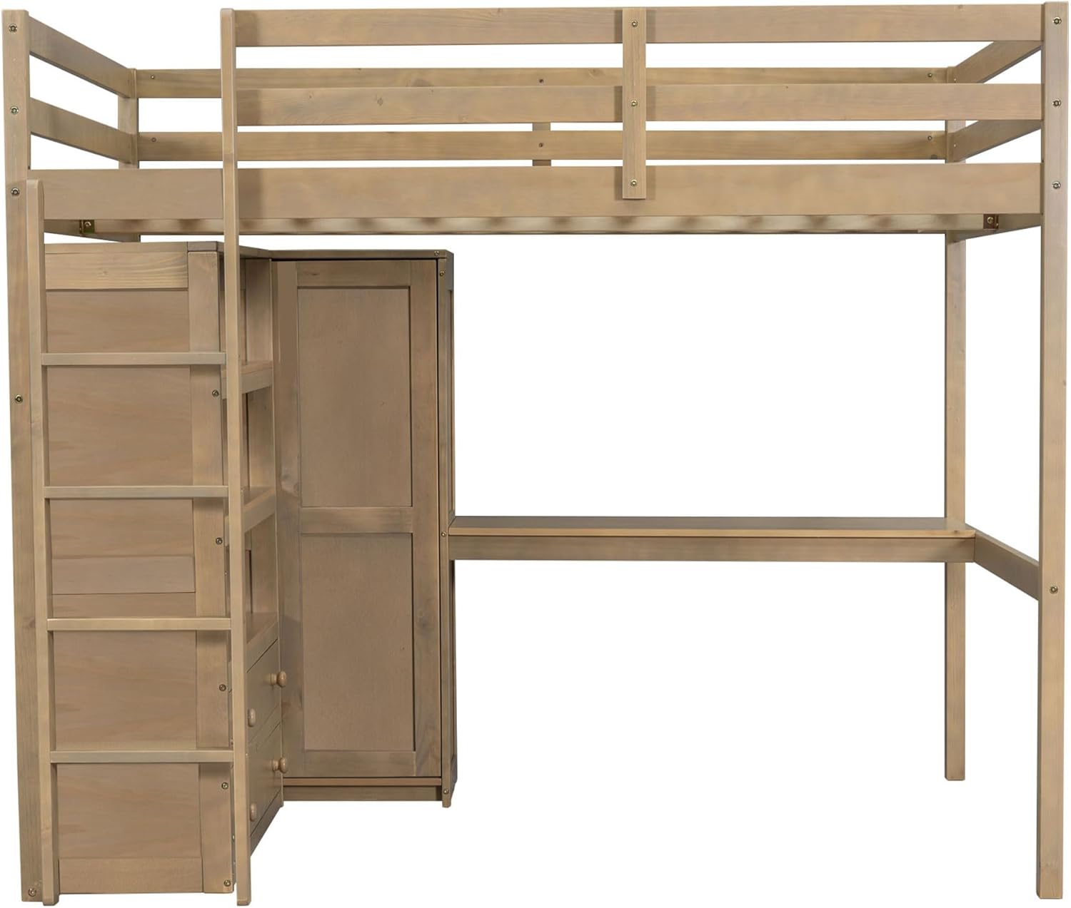 Full Size Loft Bed Frame with Built-in Wardrobe, Desk, Storage Shelves and Drawers, Multifunctional Wood Loft Bed with Desk & Stairway for Kids Boys Girls Teens (Walnut)